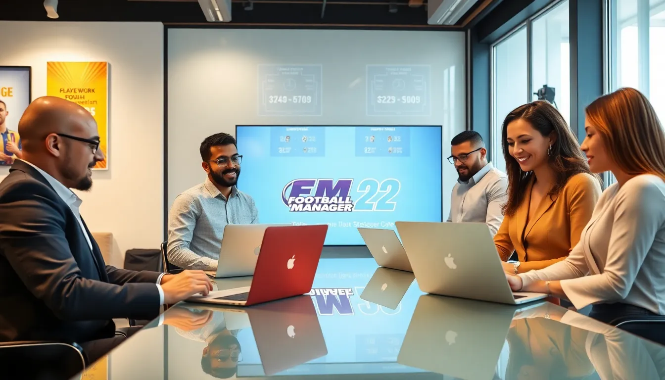 diverse team discussing Football Manager 22 in a modern office.
