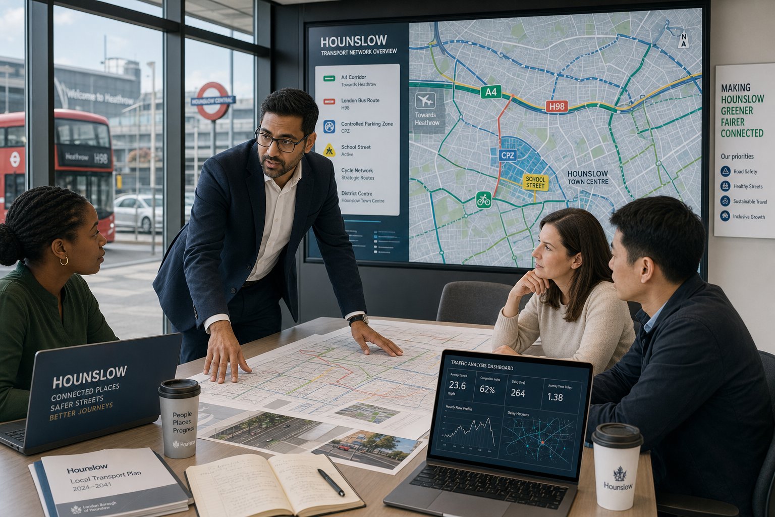Traffic engineer reviewing Hounslow transport plans with a professional planning team.