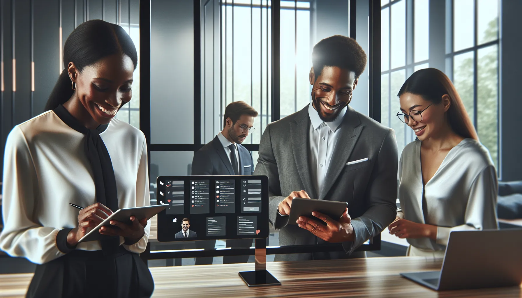 diverse team using digital devices in a modern office setting.