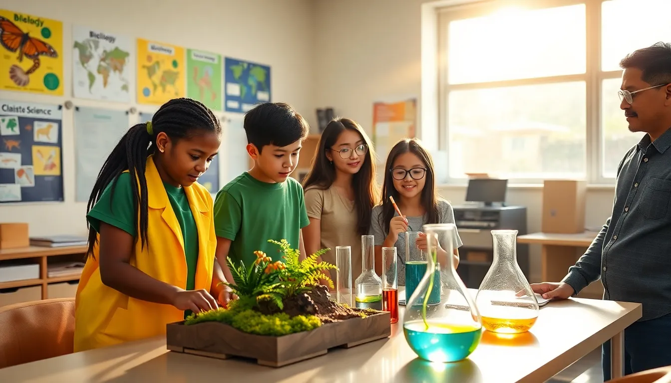 Students collaborating on a science project in a bright classroom.