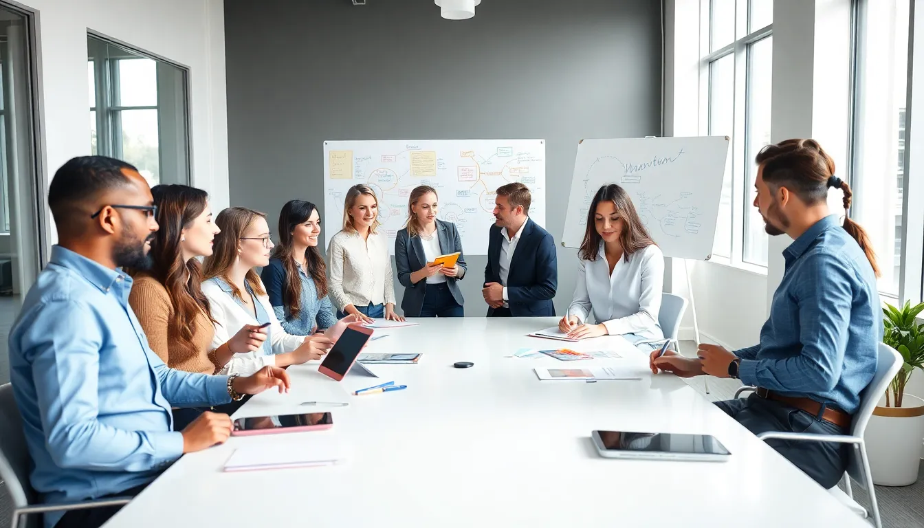 diverse team brainstorming ideas in a modern office setting.