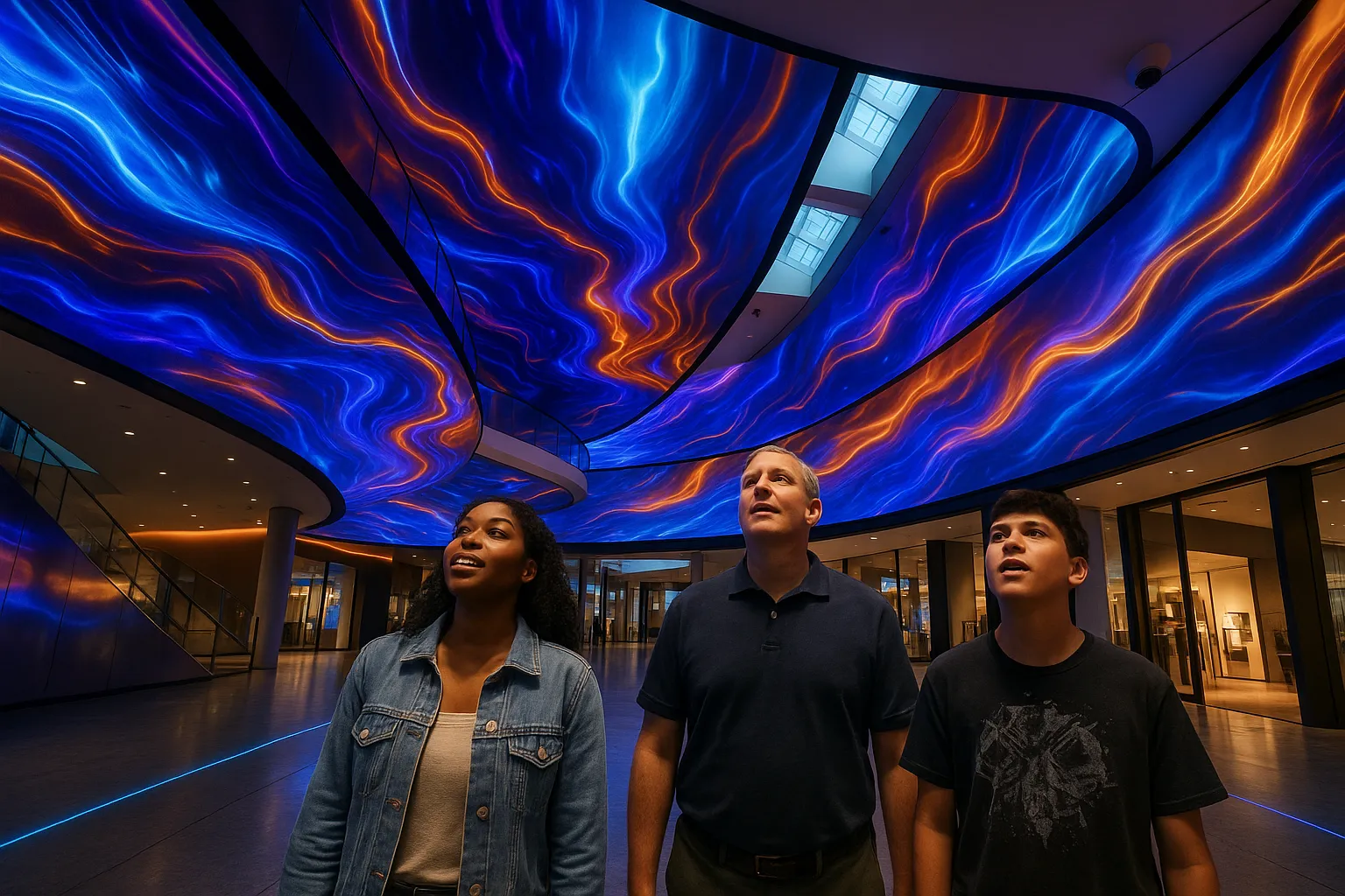 Visitors gazing at a wraparound immersive LED video wall inside a modern retail atrium.
