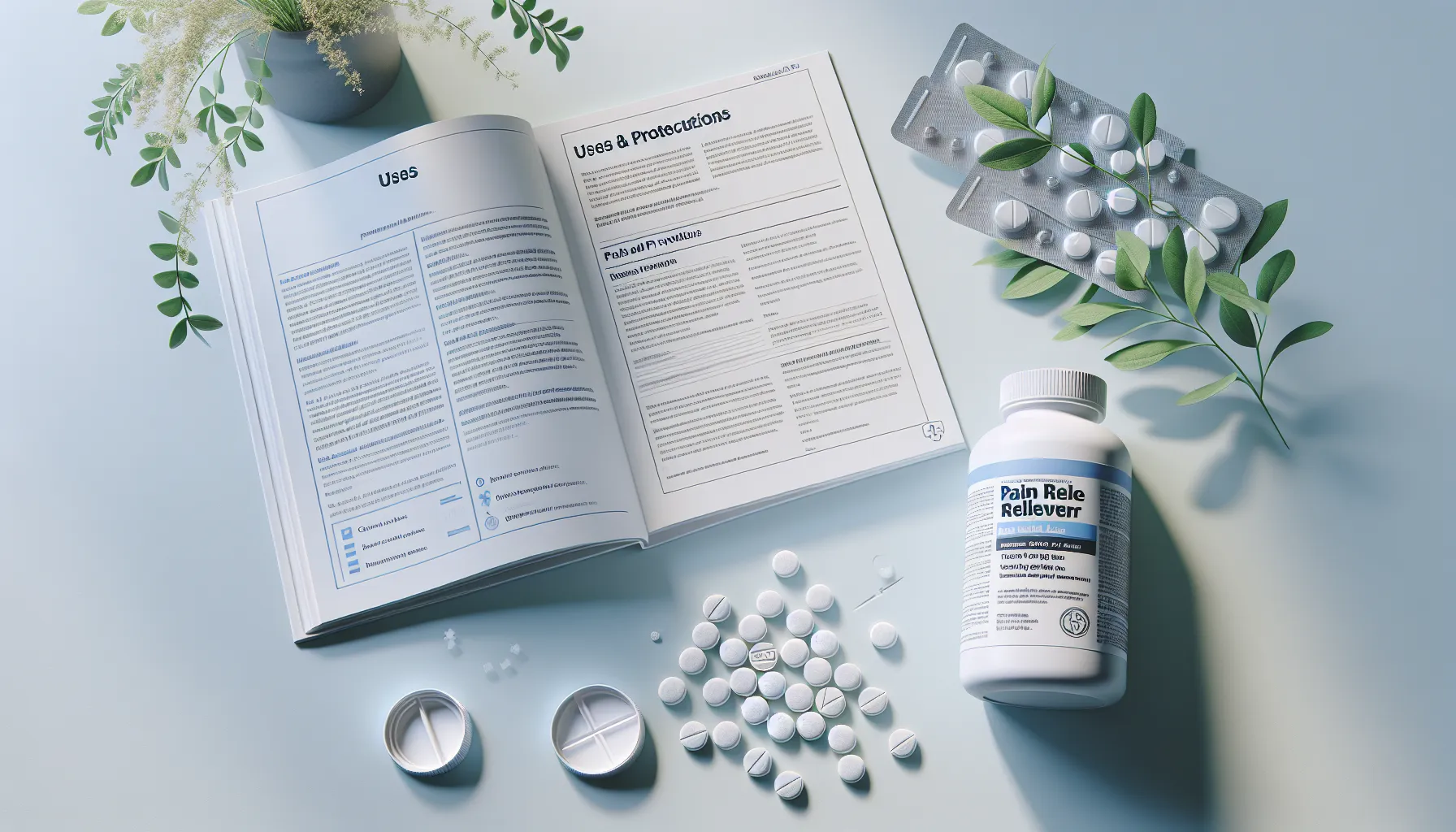 Advil bottle and tablets with a medical guide on a white surface.