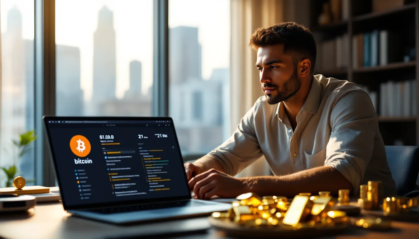 Man at desk comparing physical gold bars with Bitcoin data on laptop screen.