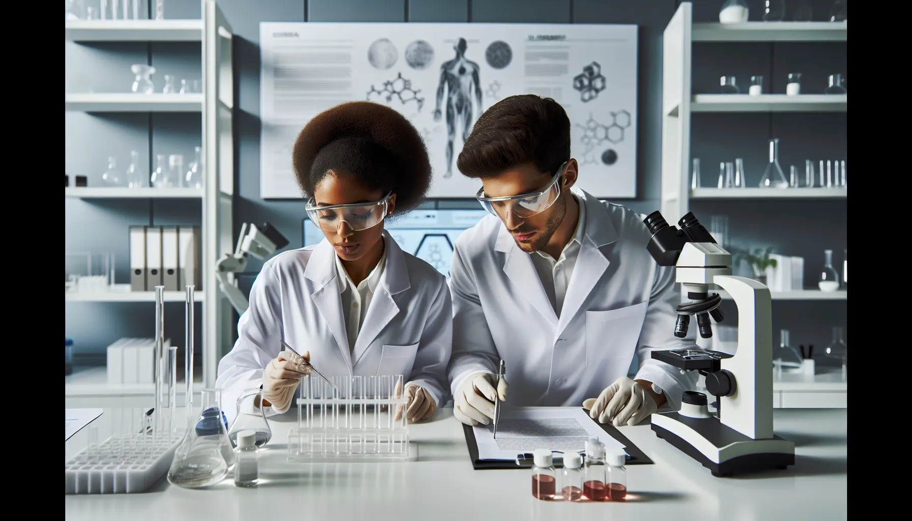 scientists examining a toy in a modern laboratory.