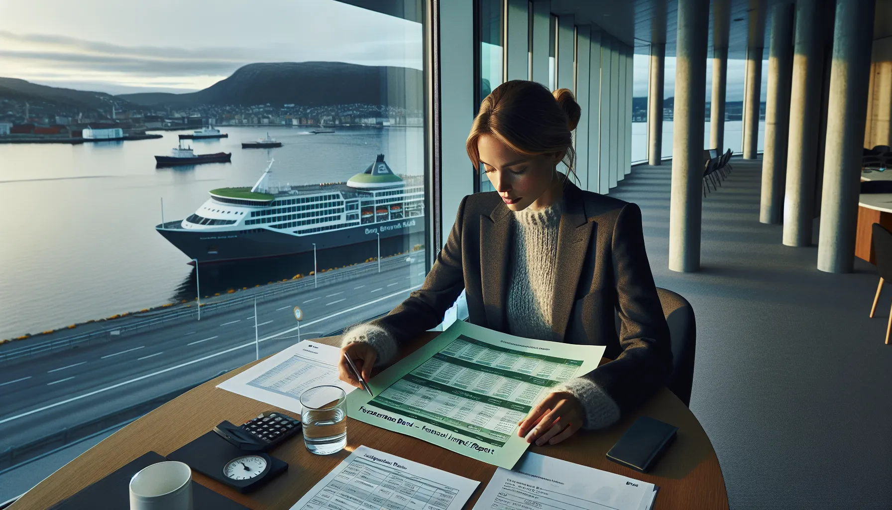 Hvordan kan du investere i grønne obligasjoner? 2 Norwegian investor reviews green bond documents overlooking oslo harbor and wind turbines.