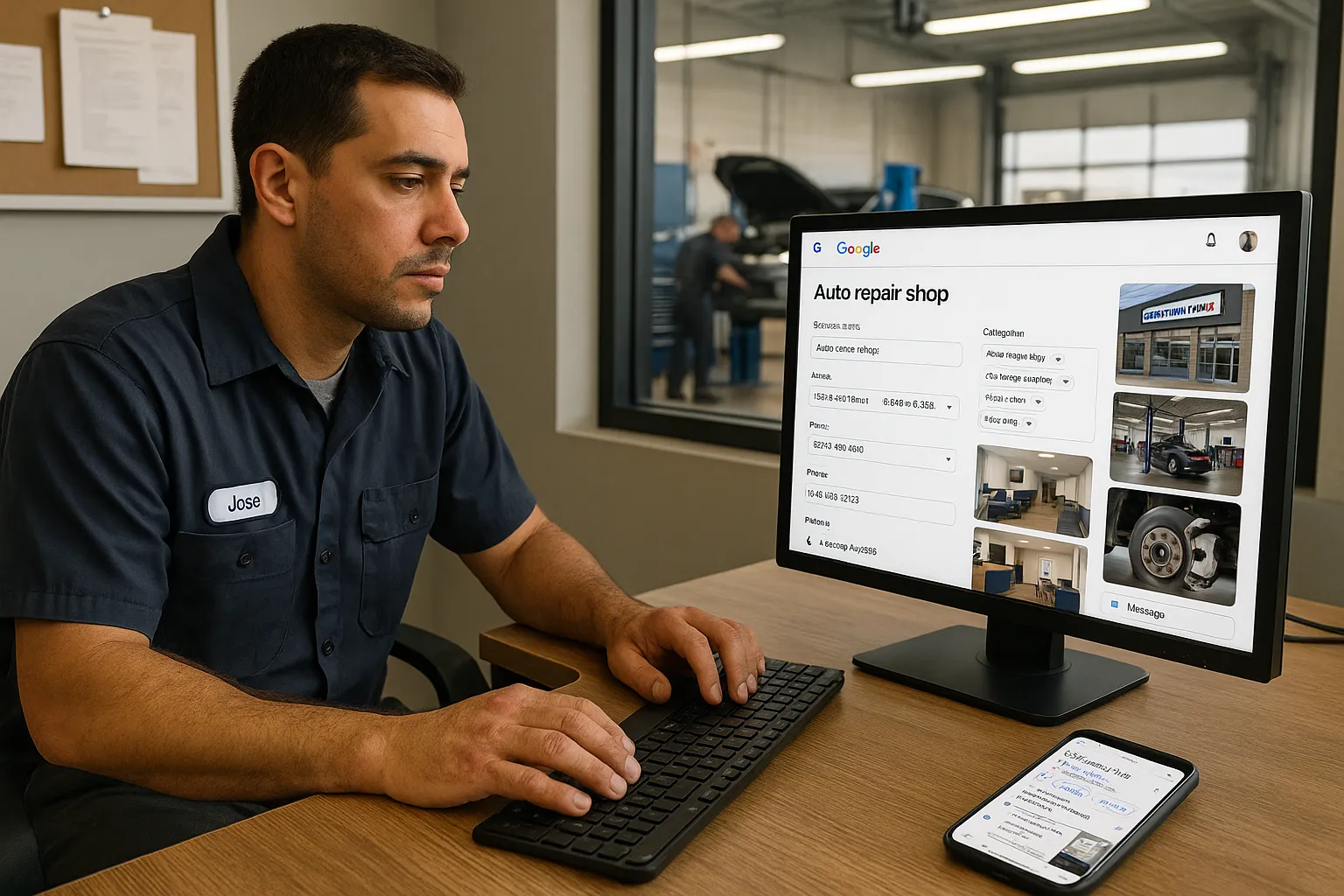 Auto repair shop owner updating his Google Business Profile on a computer.
