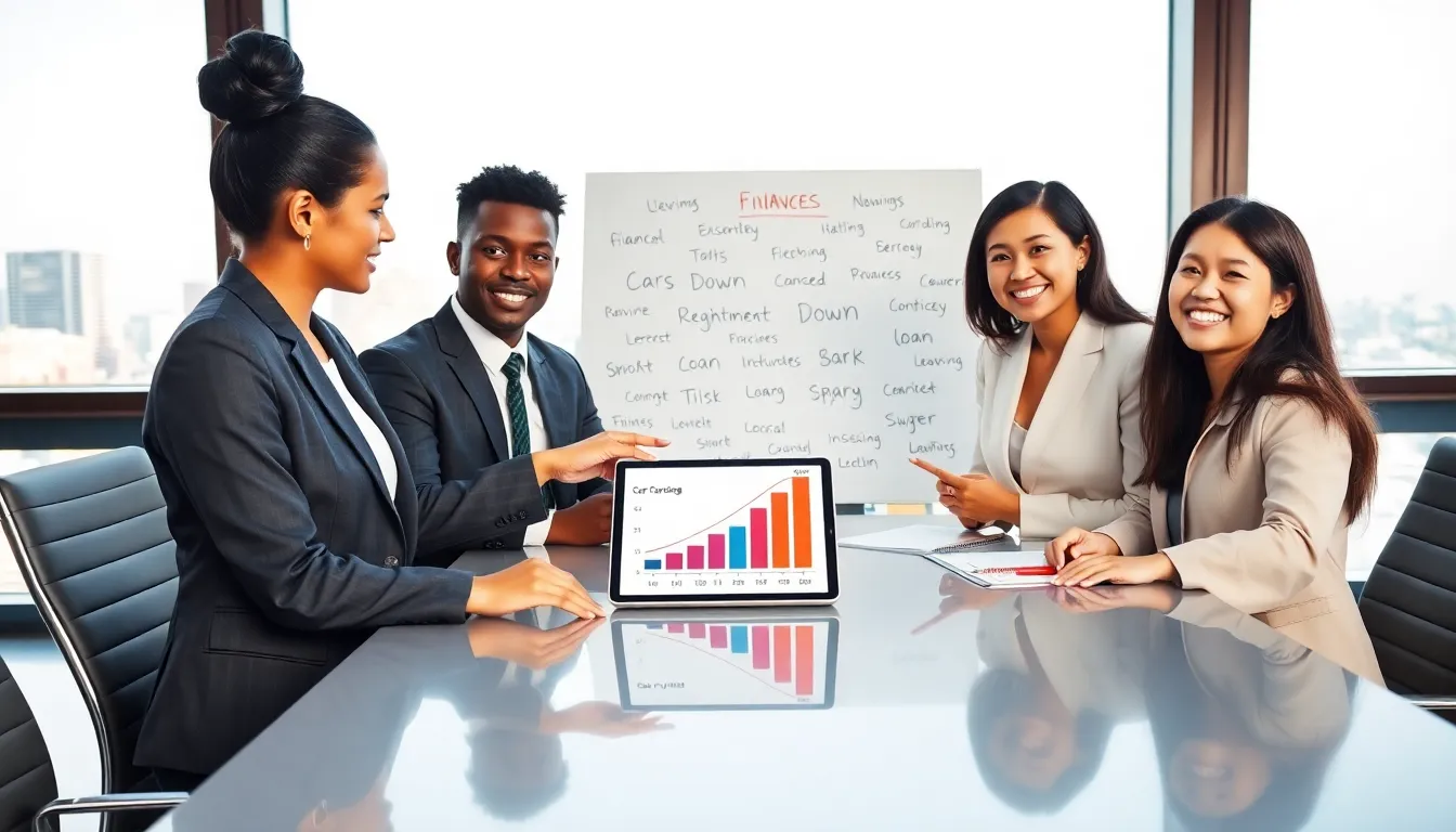 diverse team discussing car financing in a modern office.