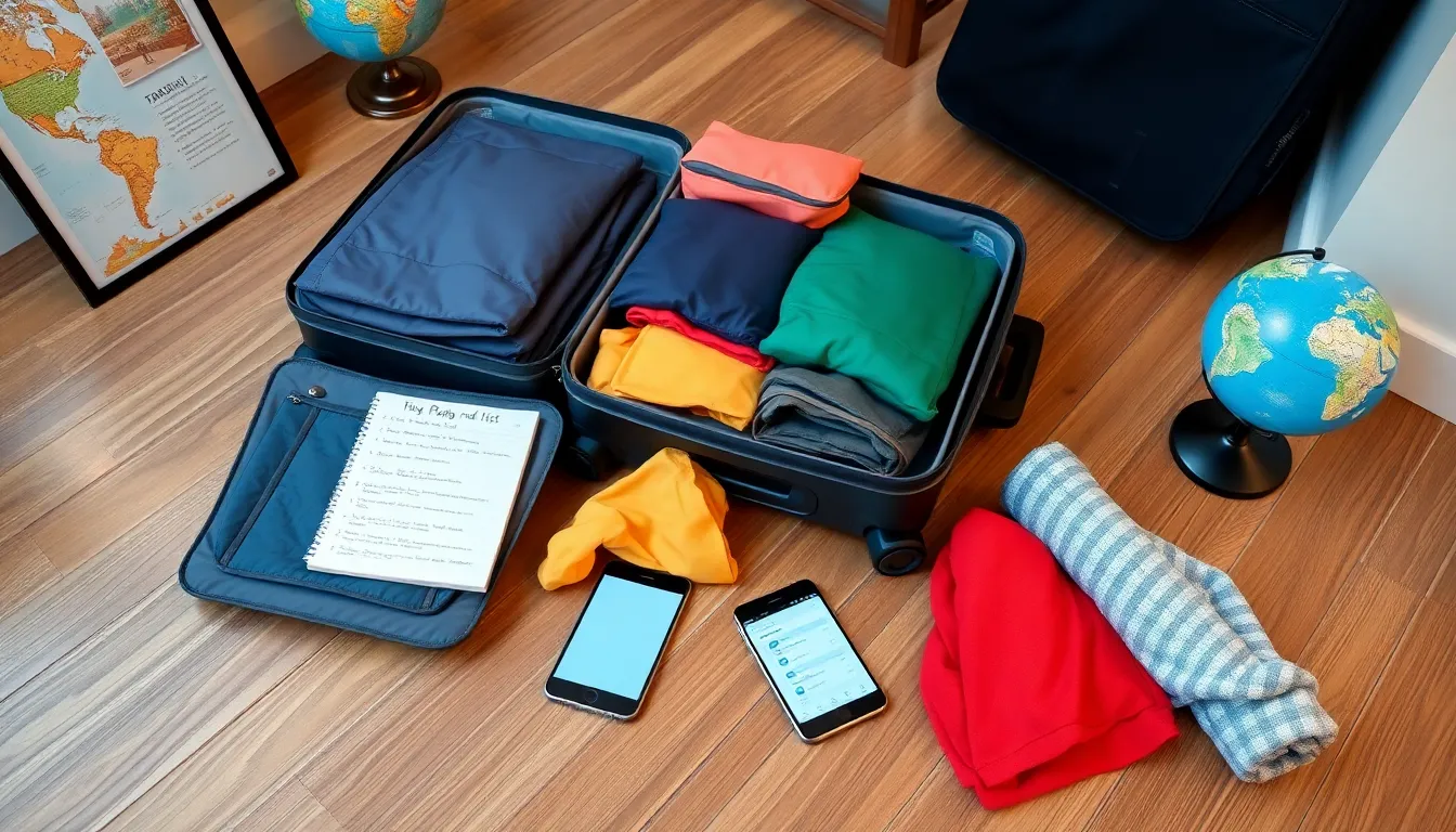 organized suitcase with packing cubes and a travel checklist.