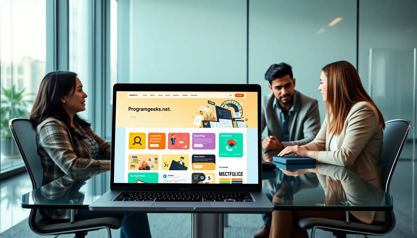 diverse professionals collaborating over a programming platform in a modern office.