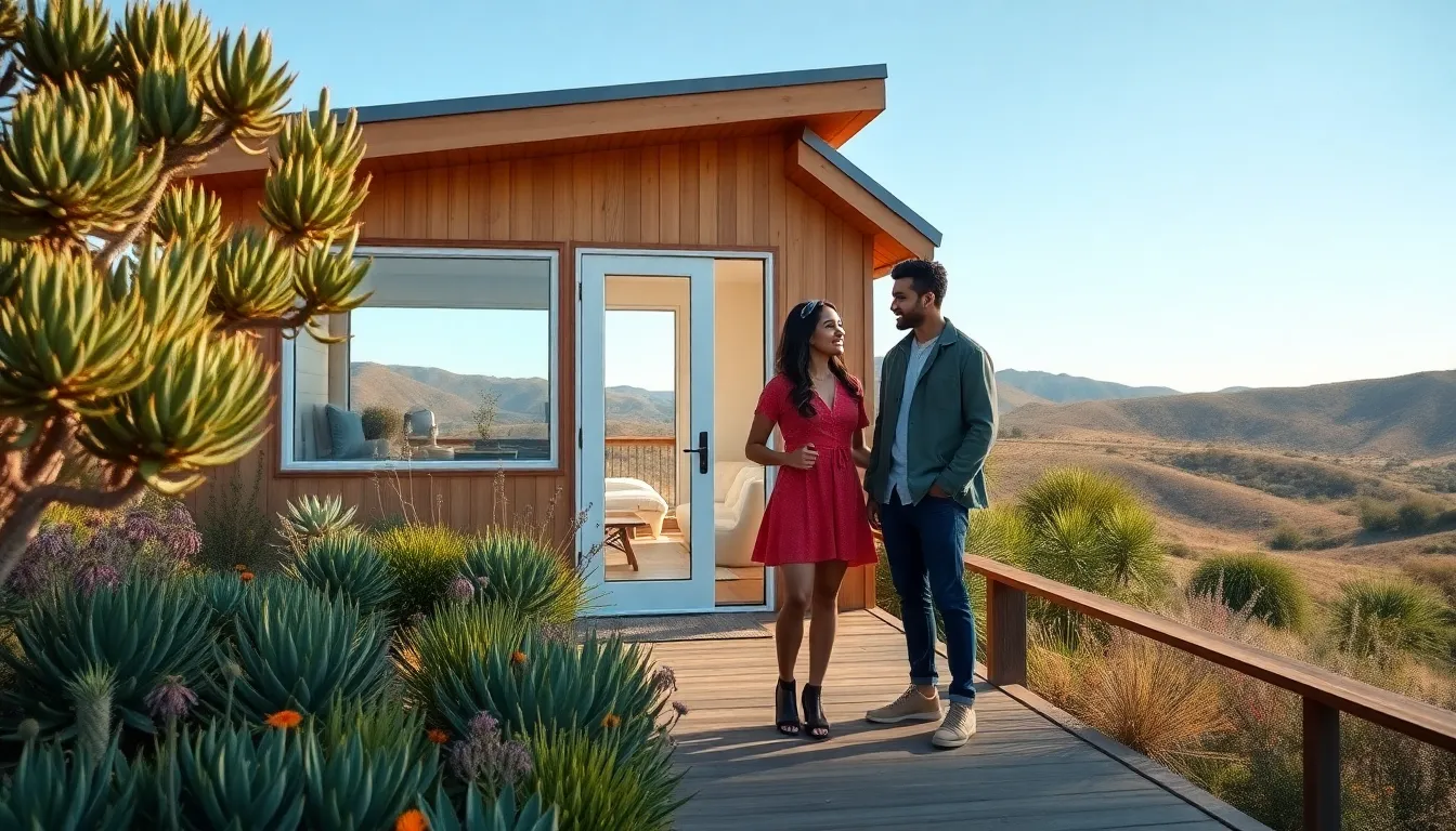 couple enjoying their tiny home in a scenic California landscape.