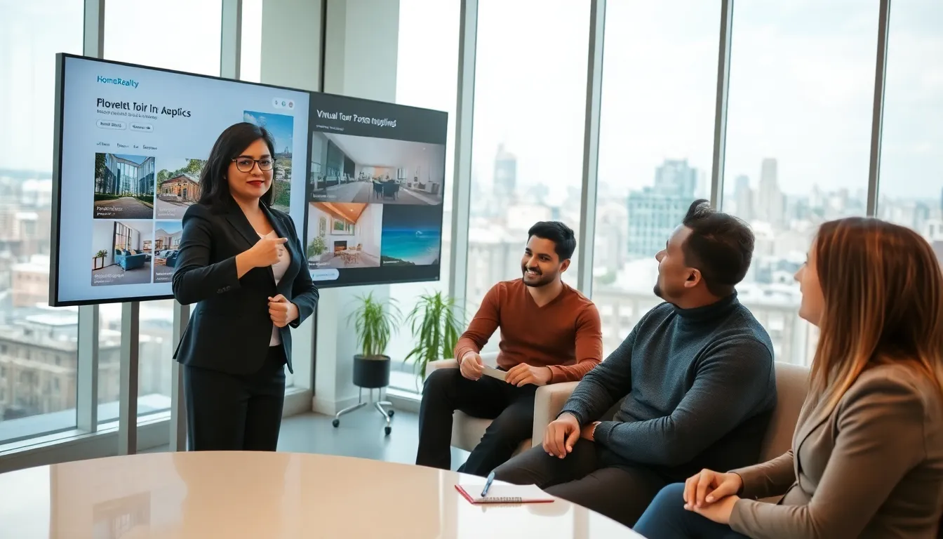 a diverse team in a modern office discussing real estate technology.