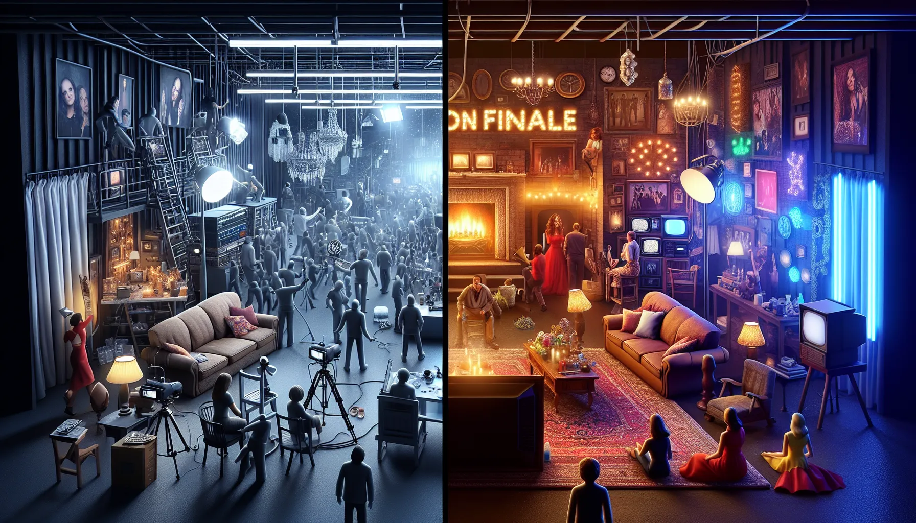 Two contrasted scenes: a television studio and a memento-filled living room.