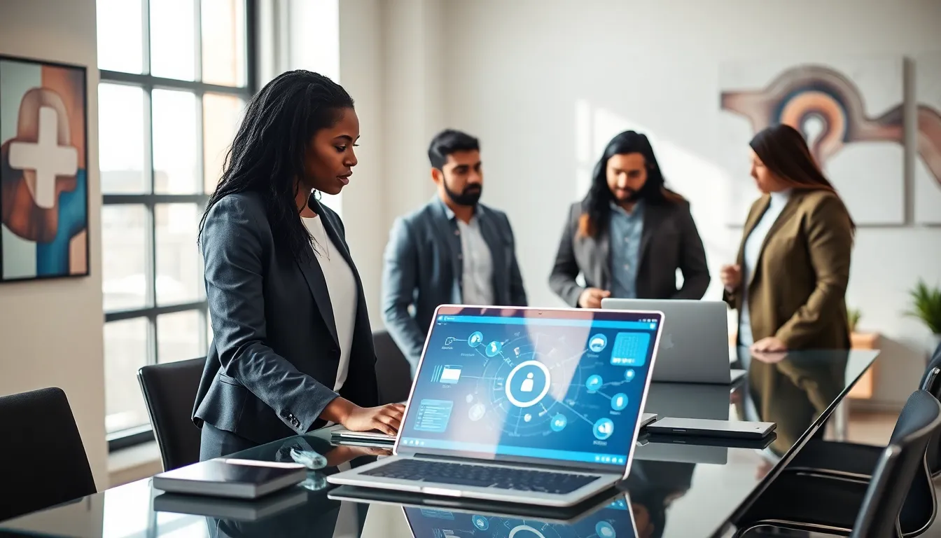 diverse team collaborating on telecom software development.