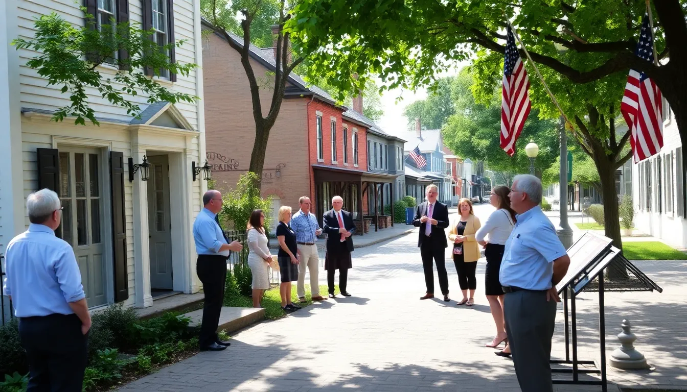 historical buildings in Mourrdale with a diverse group engaged in discussion.