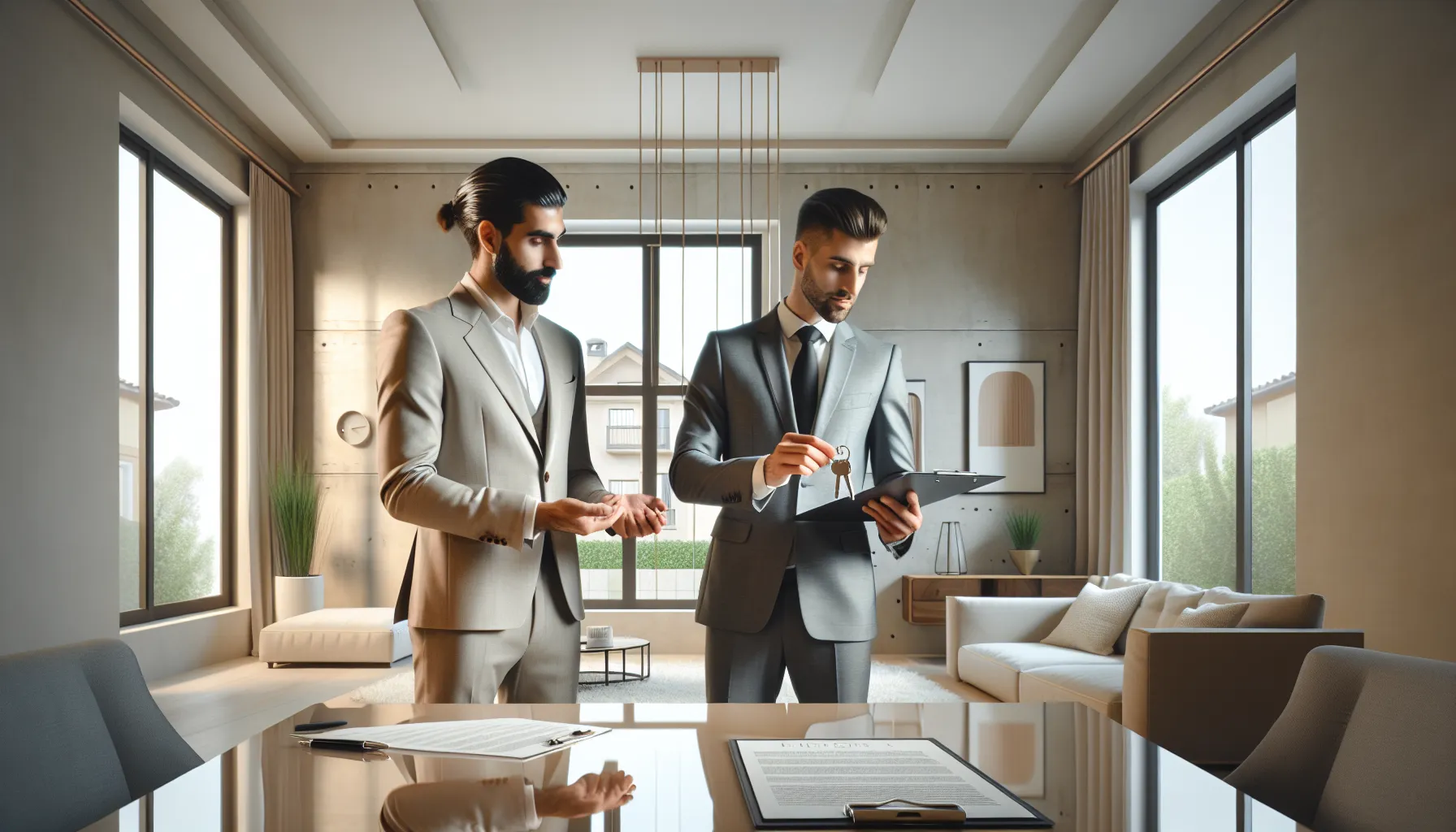 Real estate key handover between seller and buyer in modern home interior