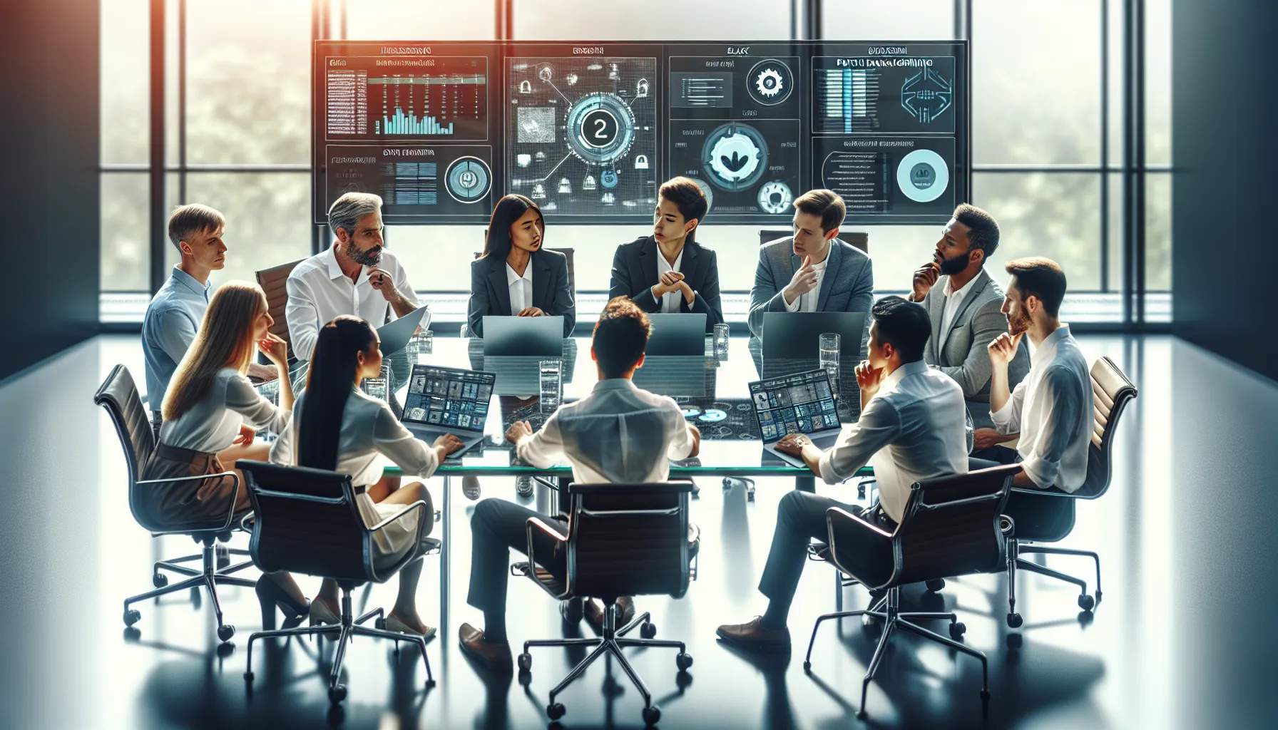 IT professionals discussing patch management in a modern office.