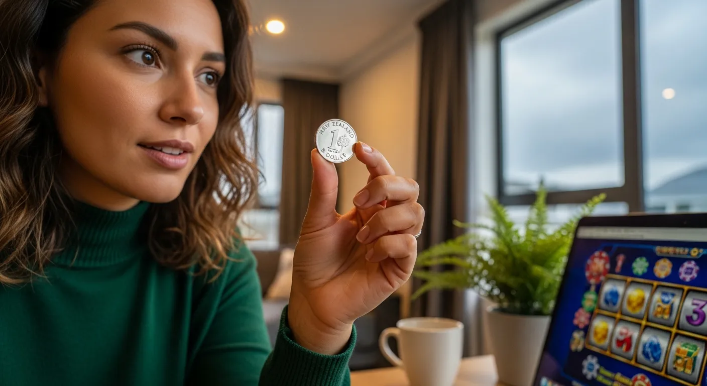 Woman holding a one-dollar coin while viewing online slot games on laptop.
