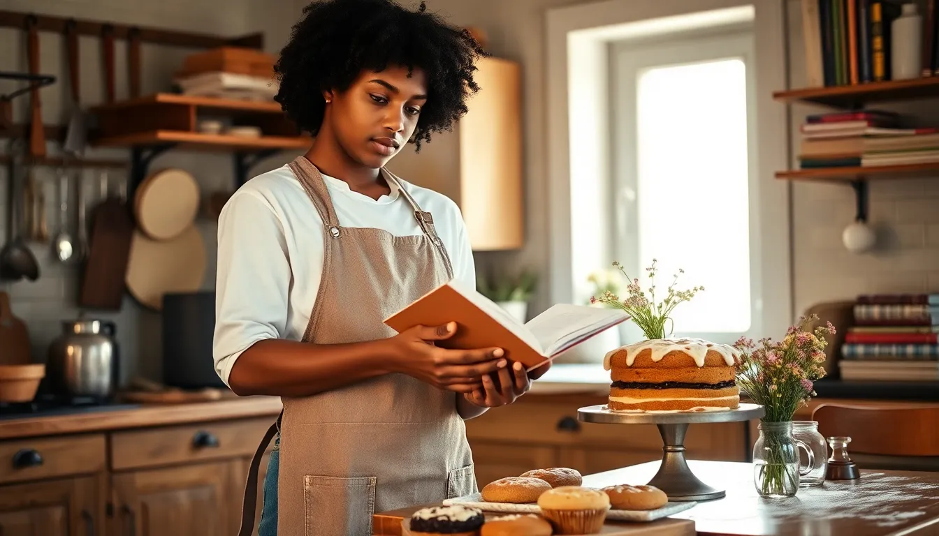 a young writer in a cozy kitchen holding a cookie and a cookbook.