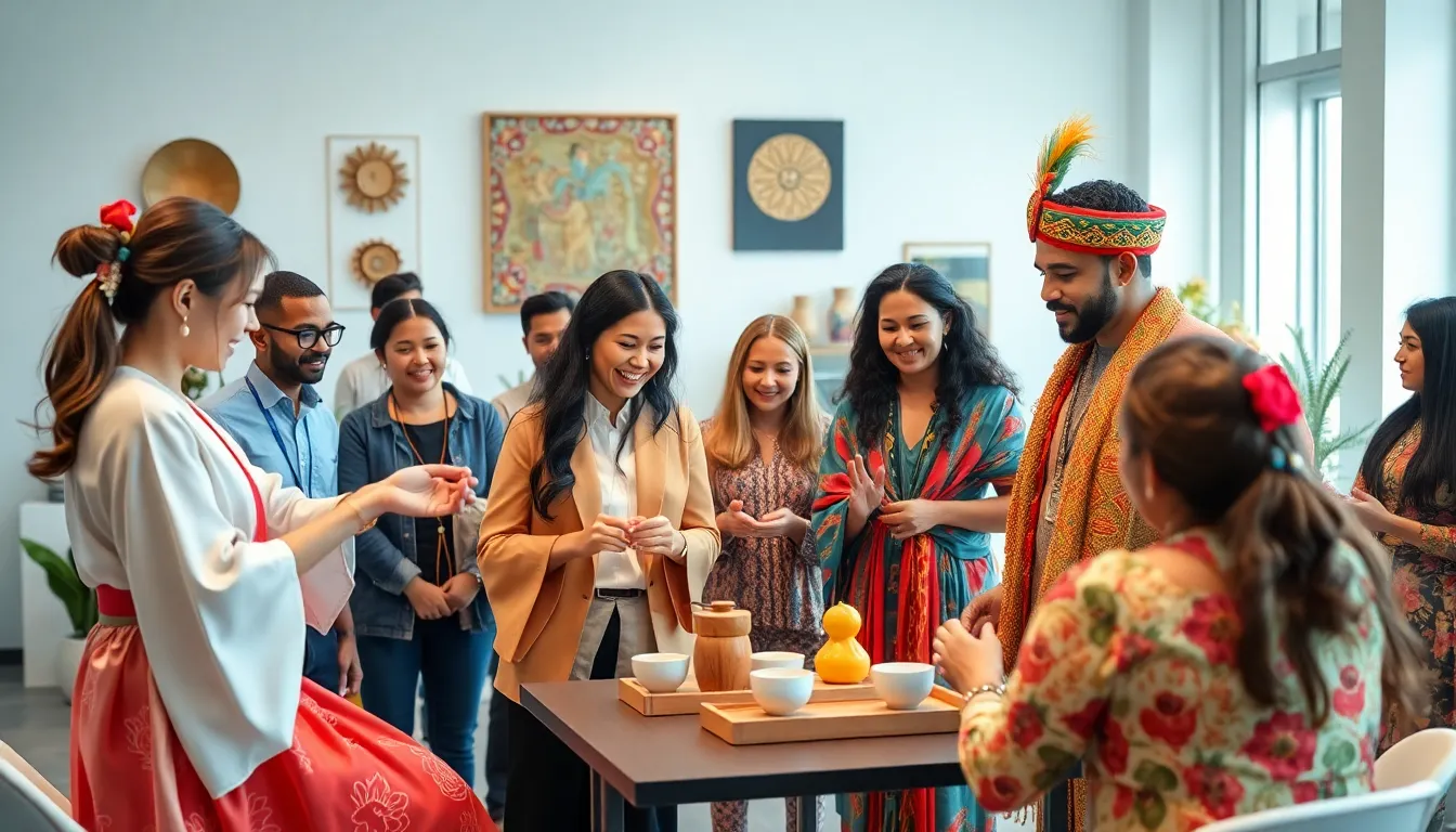 diverse group engaging in a cultural exchange in a modern workspace.