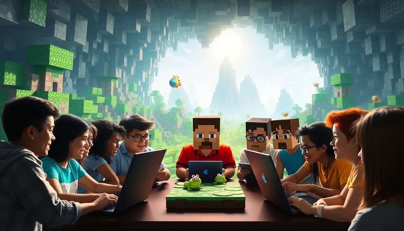 diverse gamers discussing Minecraft updates in a vibrant gaming setting.