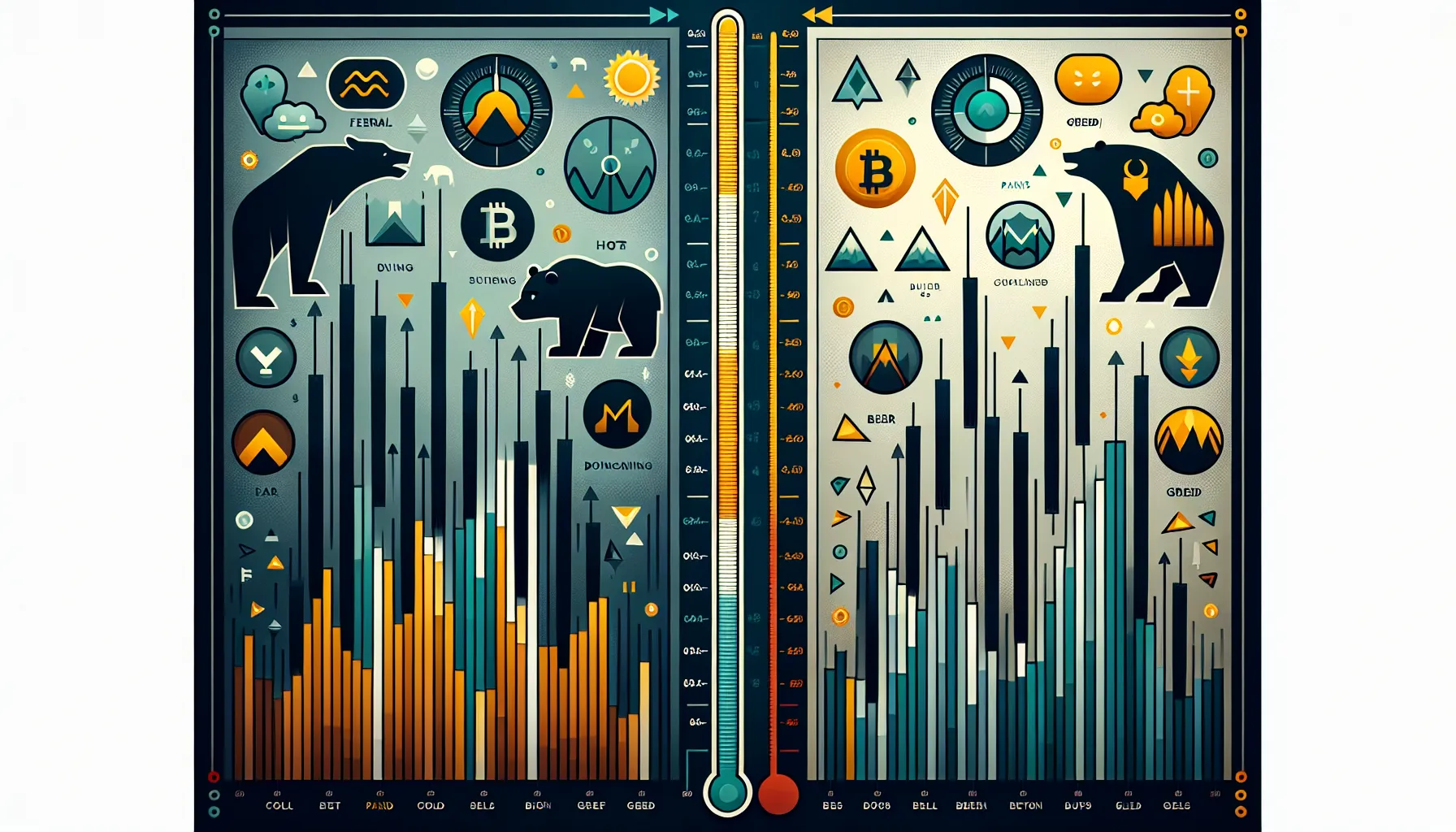 Comparison chart of fearful versus optimistic crypto market sentiment with bear and bull icons.