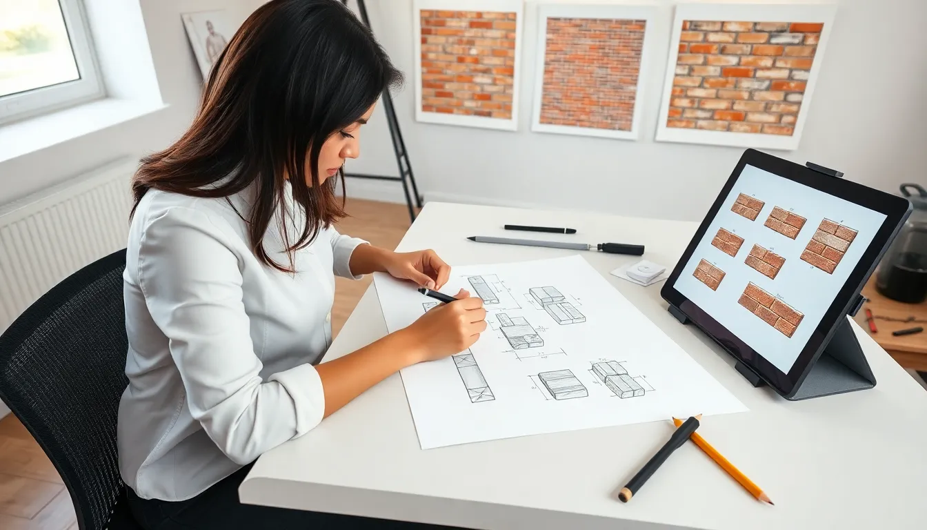 artist sketching various types of bricks in a modern studio.