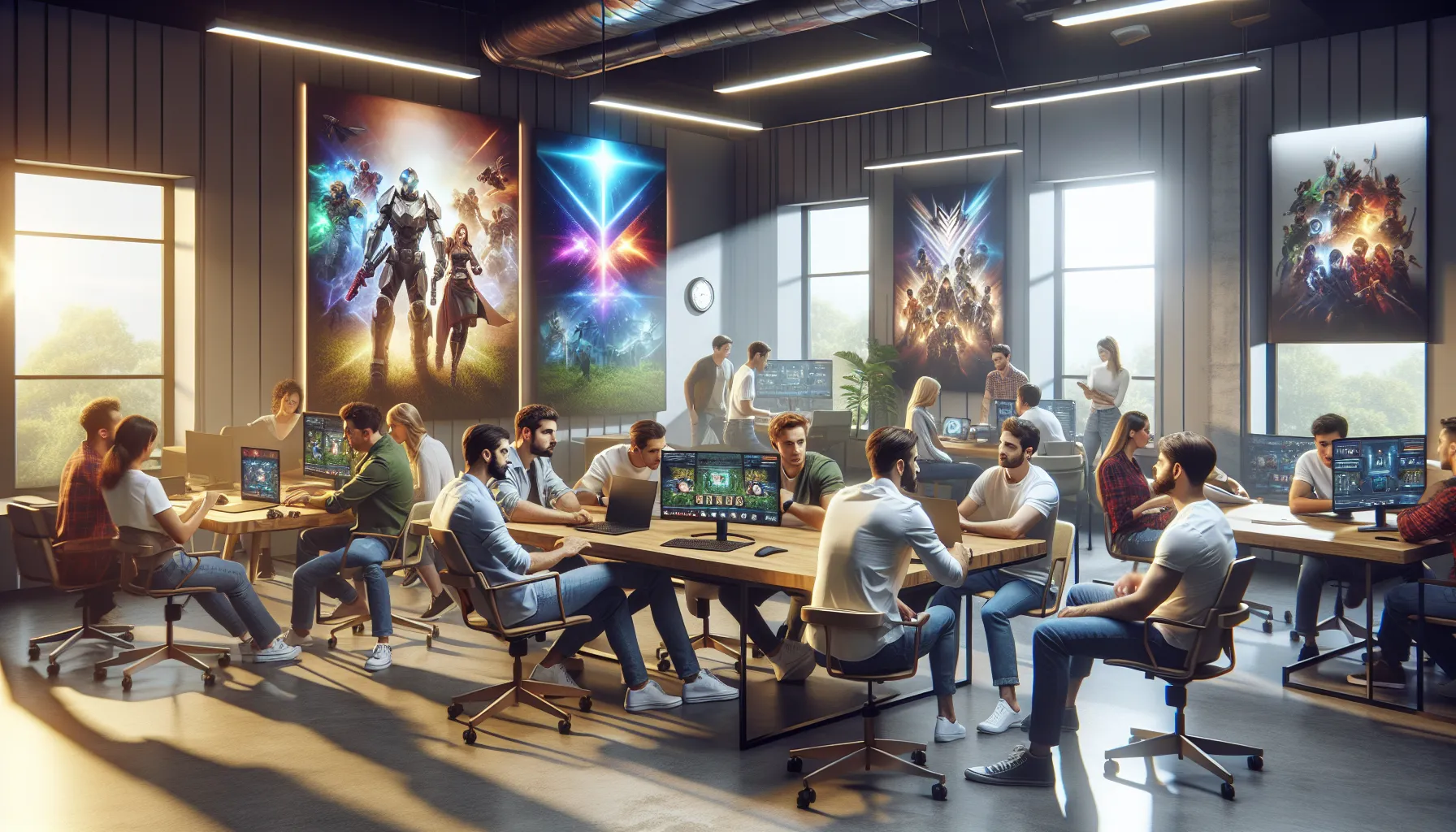 diverse gamers engaging in discussion in a modern office setting.
