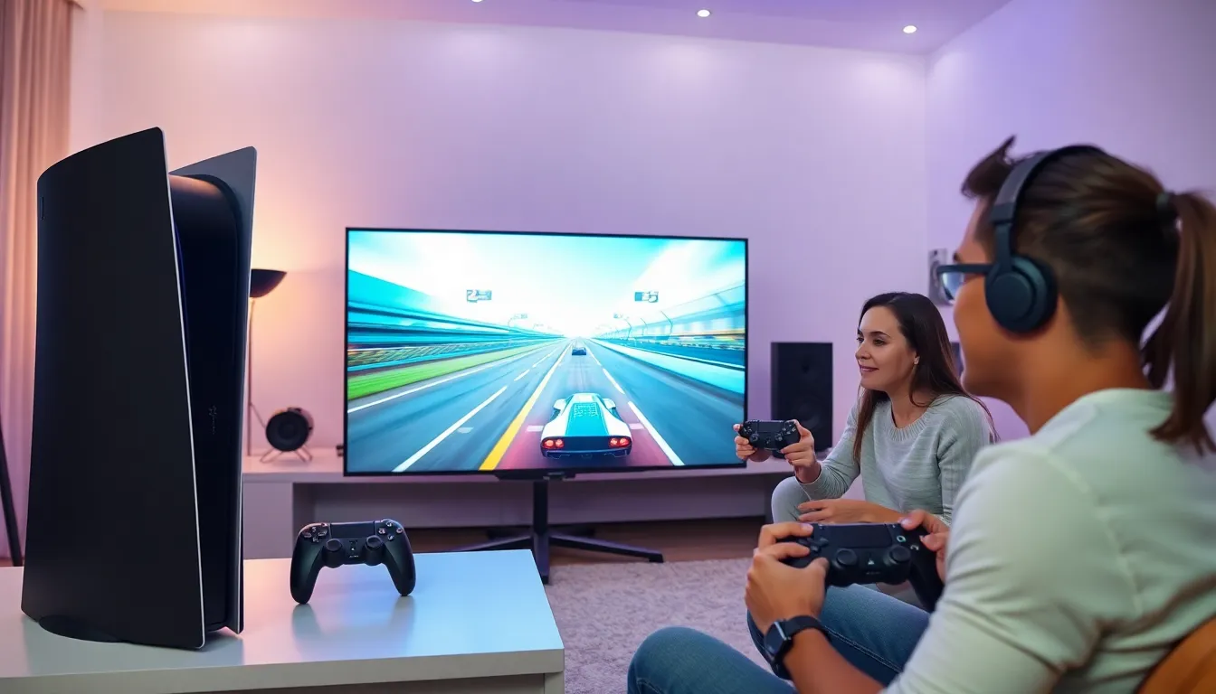 diverse group of gamers playing racing games on a PlayStation 5.