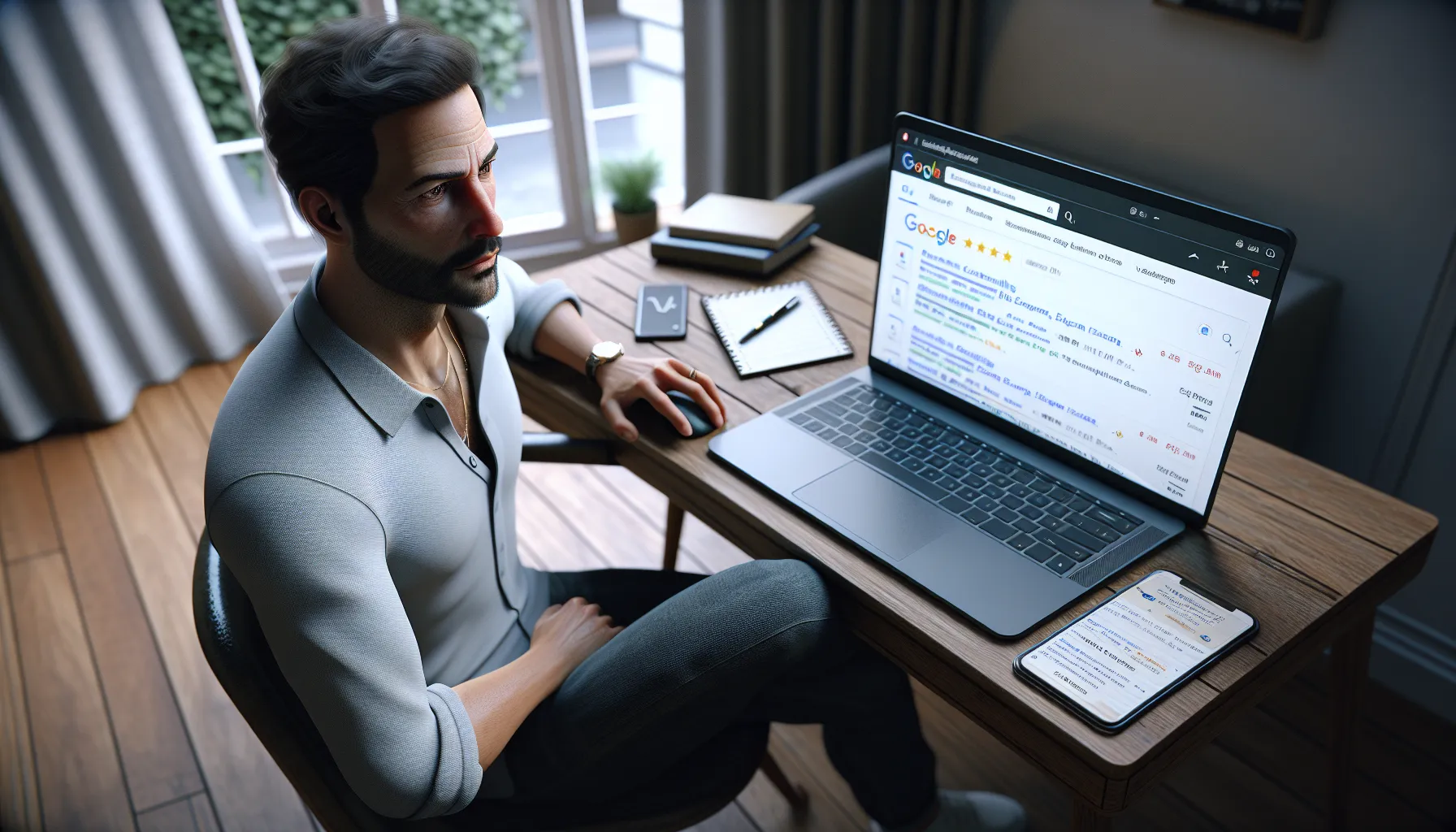 Local business owner in Émerainville studying Google search results on a laptop.