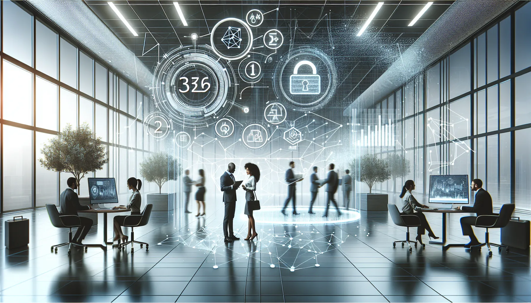 futuristic office with diverse professionals discussing digital technology.