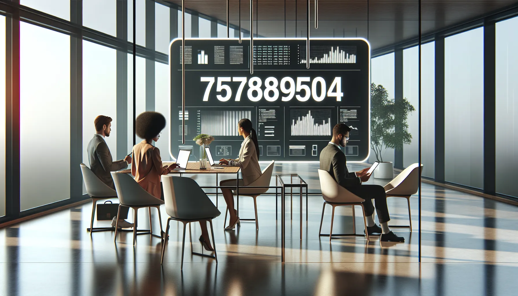 professionals discussing a mysterious number in a modern office.