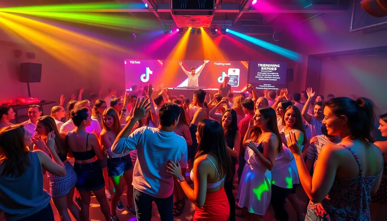 Diverse group dancing on a vibrant dance floor in a modern club.