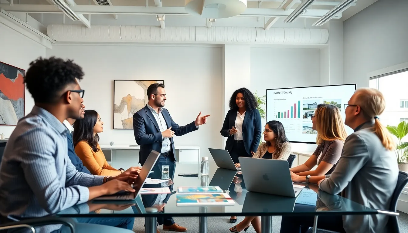 diverse real estate team collaborating in a modern office.