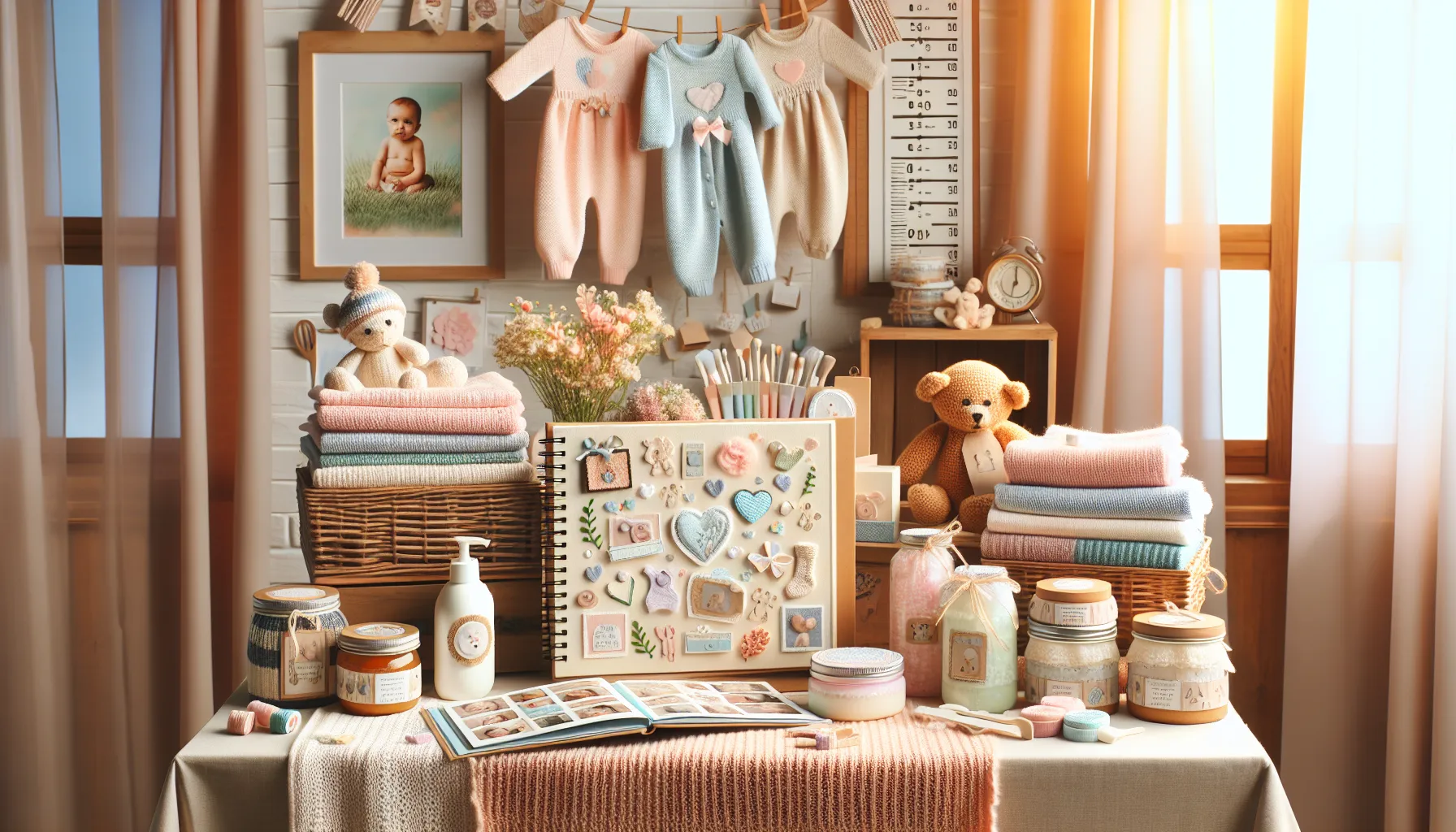 variety of DIY baby shower gifts on a table.