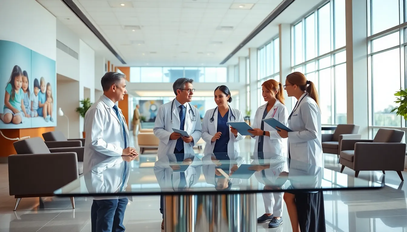 diverse healthcare team collaborating in a modern pediatric hospital.