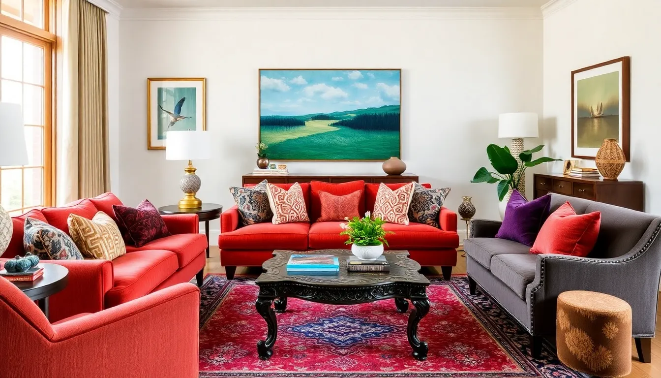A cozy, vibrant living room designed by Cathy Kincaid, showcasing eclectic furnishings.