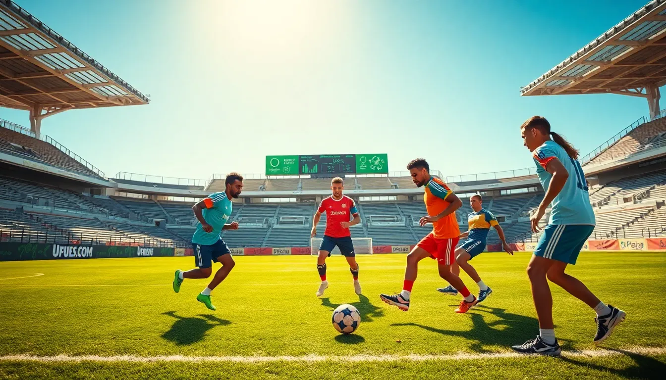 Football players training in a modern stadium focused on tactics and sustainability.