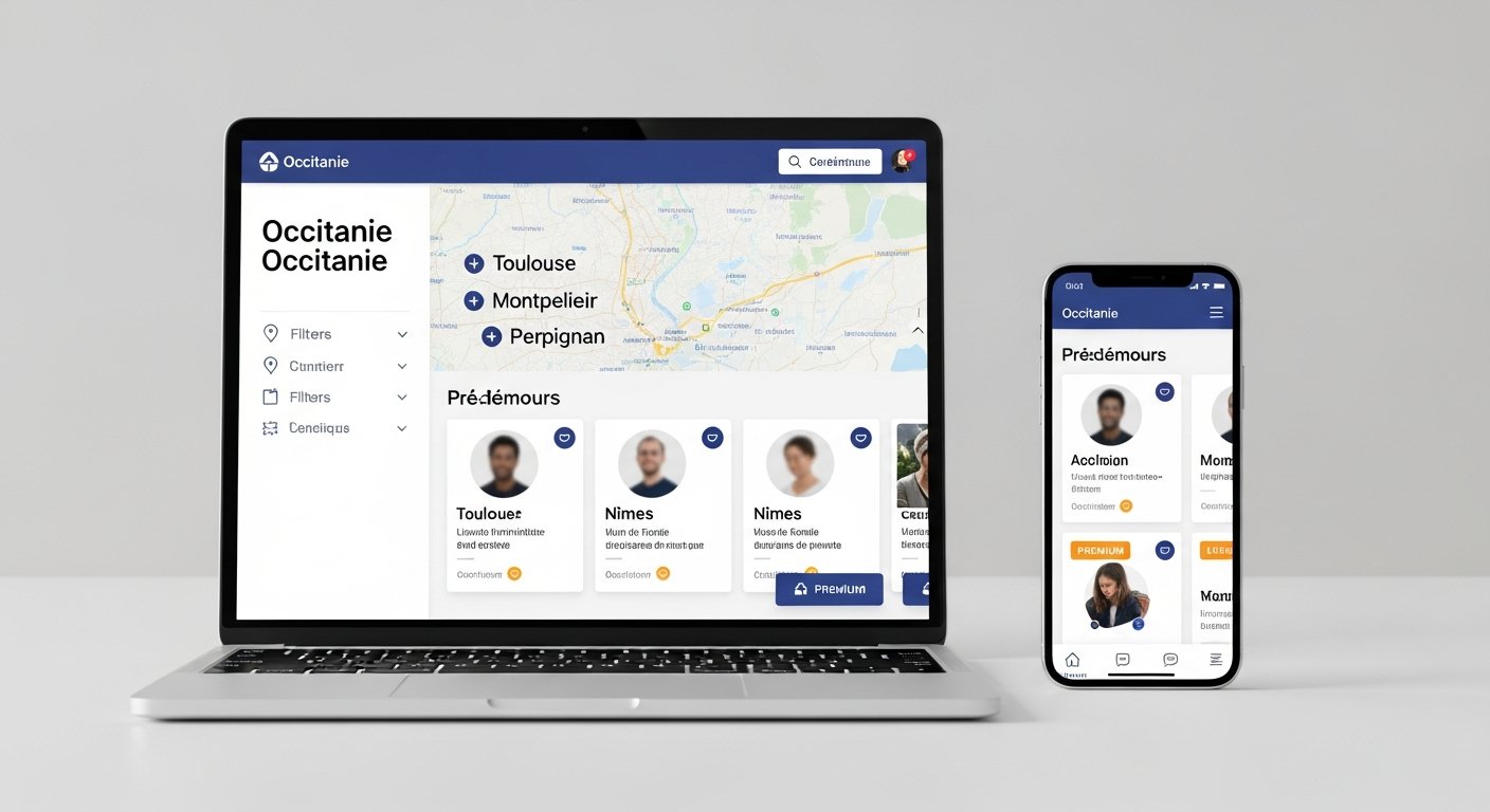 Regional listings platform on laptop and phone in a modern workspace.