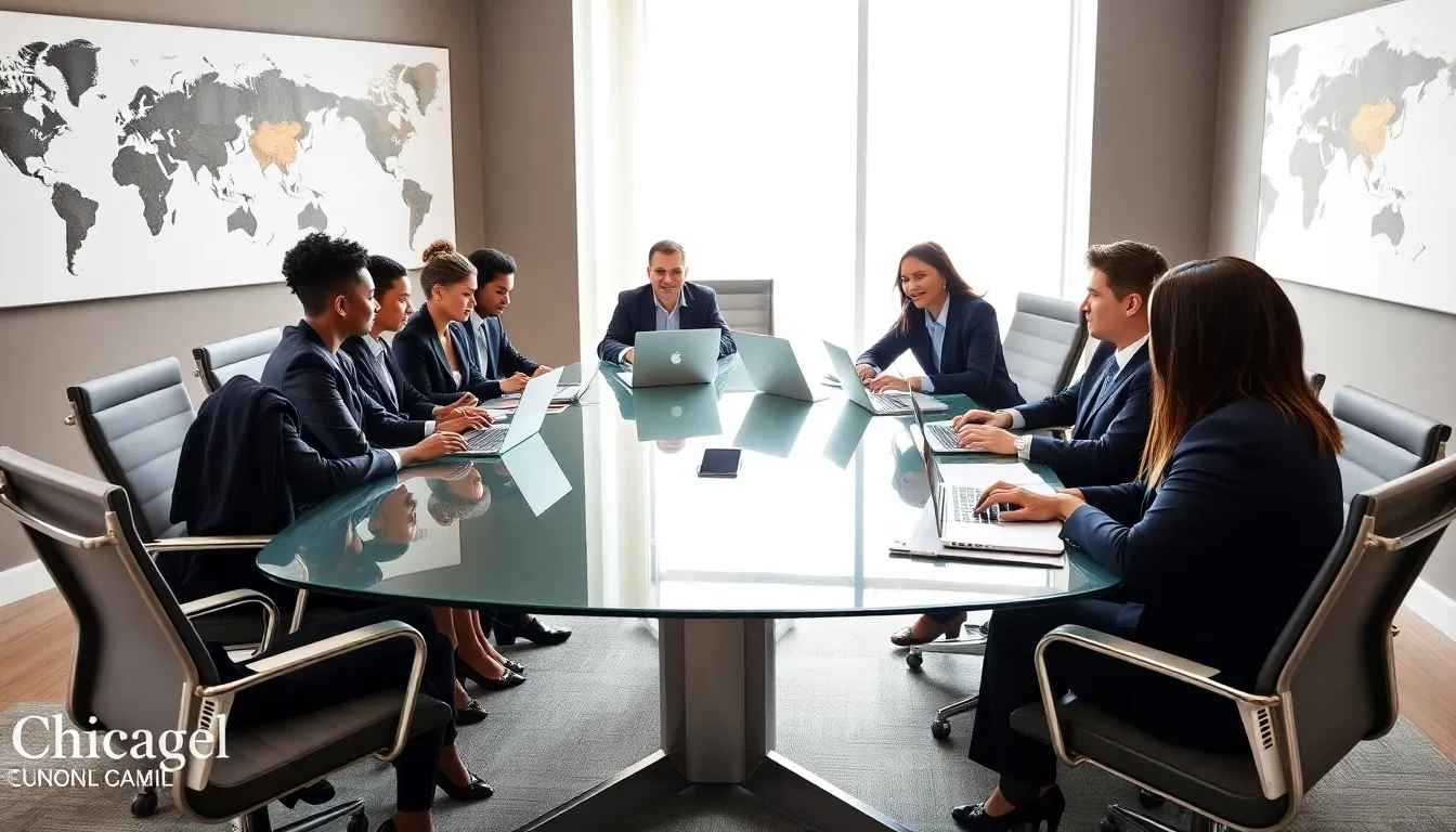 diverse professionals discussing global issues in a modern conference room.