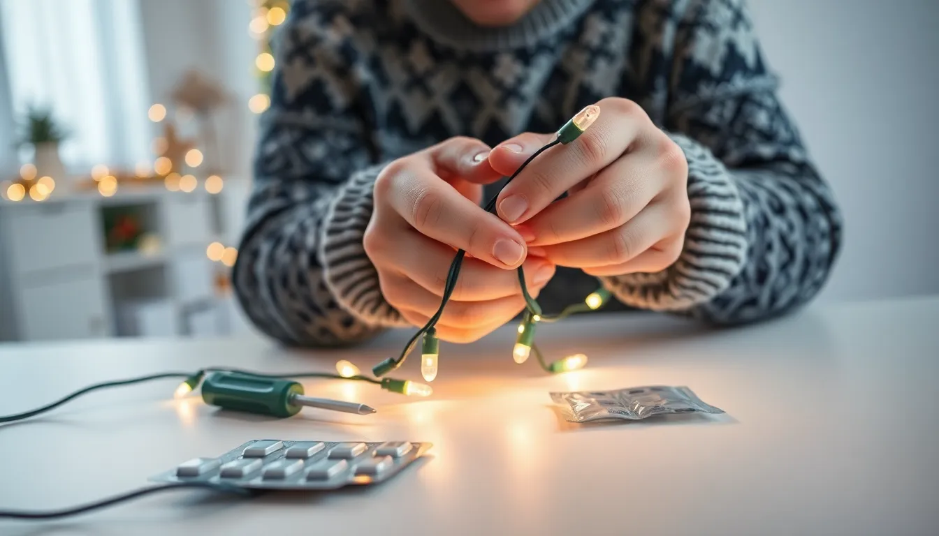 person replacing a fuse in Christmas lights.