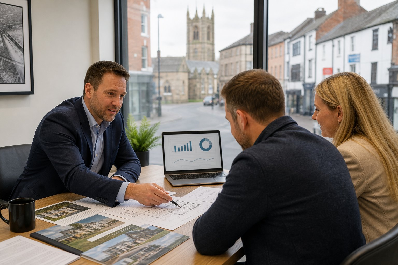 Professional commercial mortgage adviser meeting business clients in a modern office, reviewing property documents and financial plans with a subtle Ormskirk street backdrop.