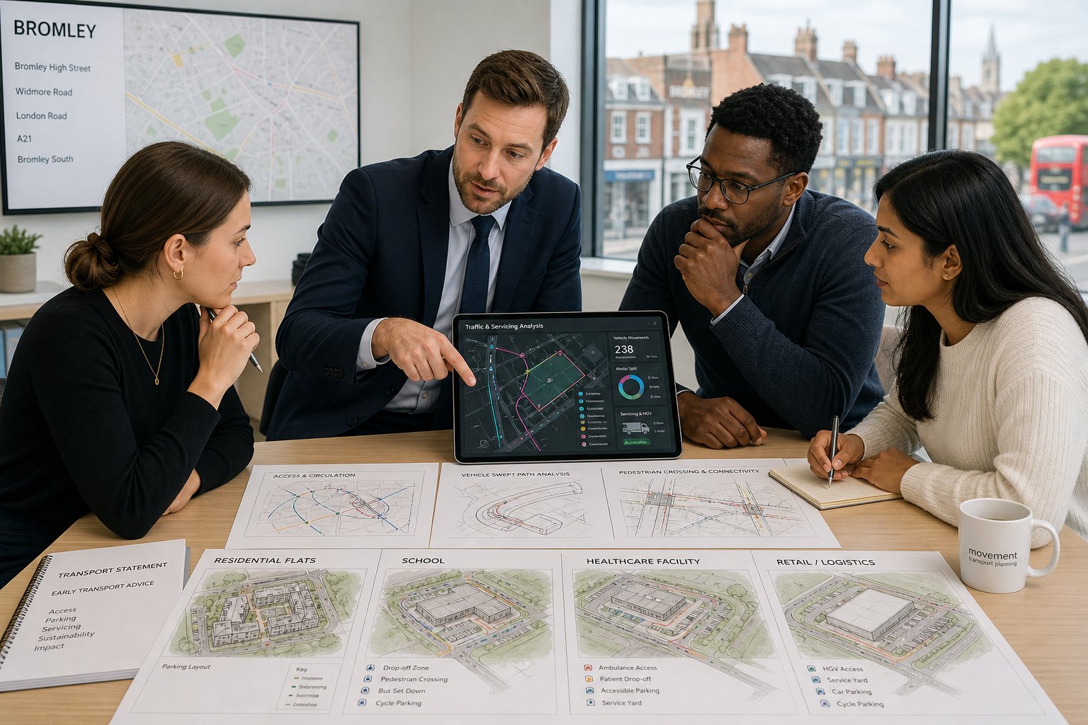 Traffic engineer reviewing development transport plans with a professional team in Bromley.