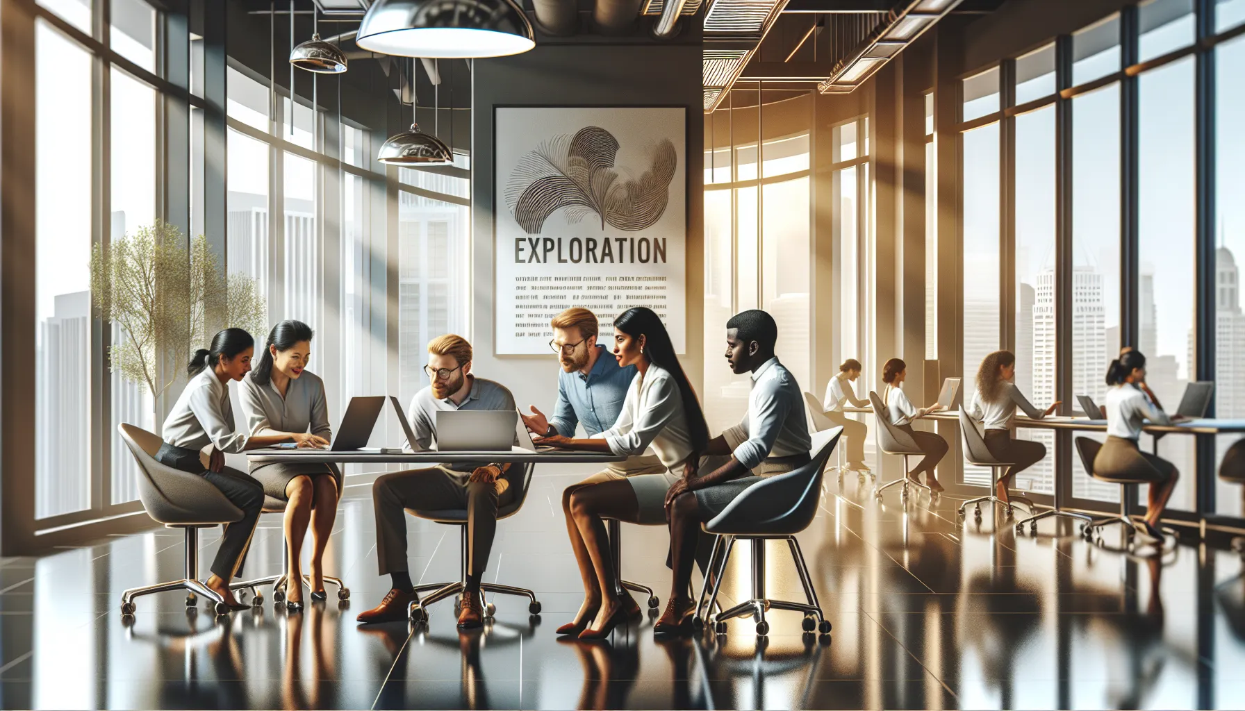 diverse team collaborating in a modern office, exploring Tamil Print Mob.Net.