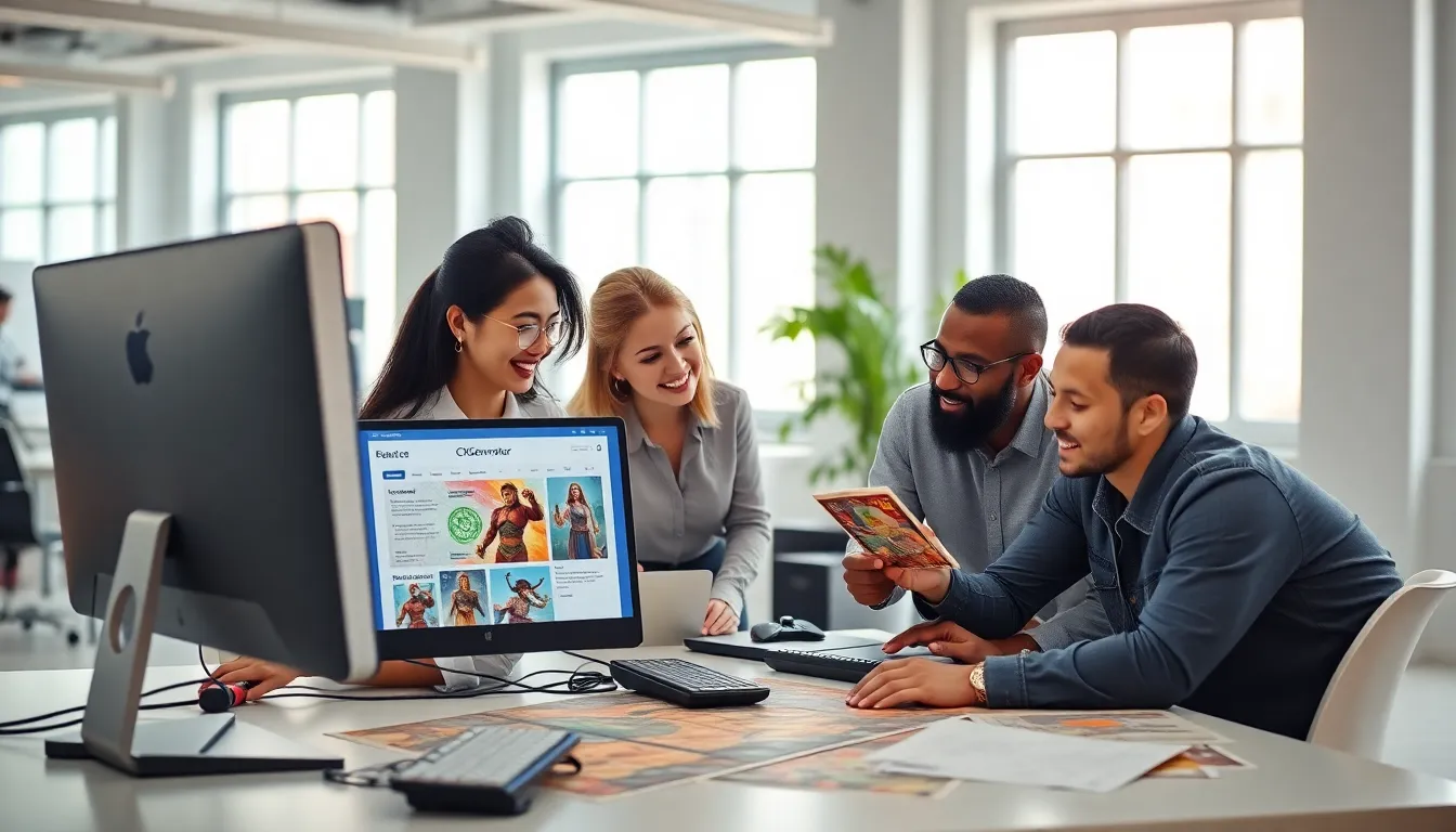 diverse professionals collaborating in a modern gaming workspace.