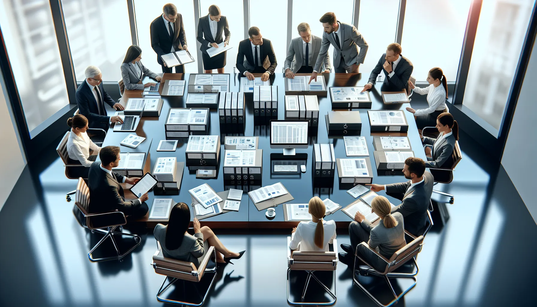 Croatian professionals organizing business dossiers and documents in modern office setting