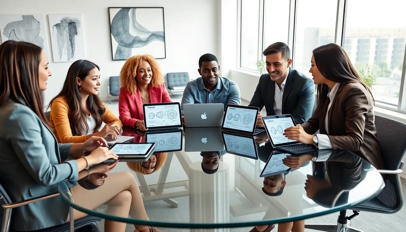 diverse professionals collaborating on complex concepts in a modern office.