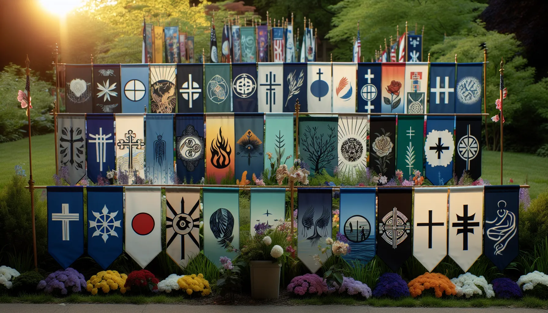 cultural funeral flags displayed in a serene outdoor setting.
