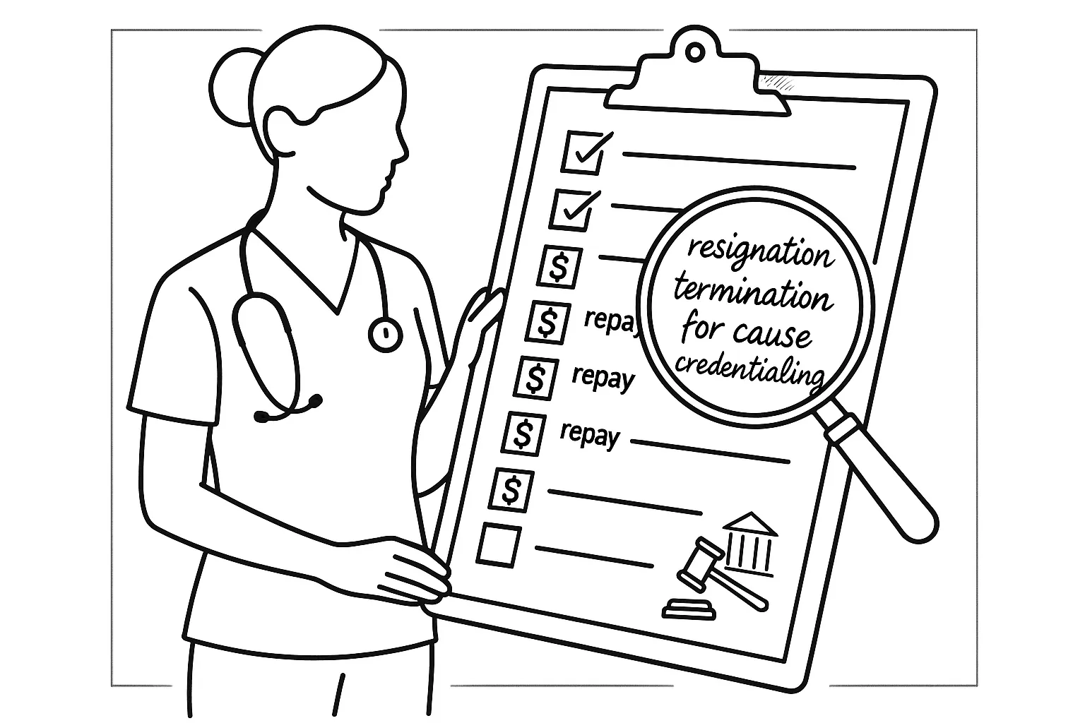 Nurse practitioner reviewing a checklist-style contract highlighting repayment triggers.