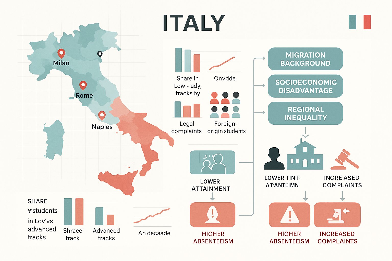 Infografica che mostra la mappa d'Italia, diagramma di flusso delle cause agli esiti di discriminazione scolastica.